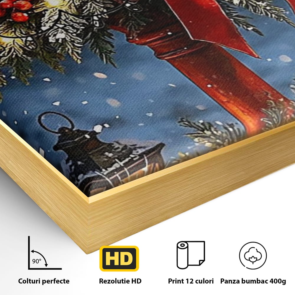 Detaliu al suprafetei: tablou canvas cu cutie postala rosie pentru mos craciun, in rama de aluminiu auriu